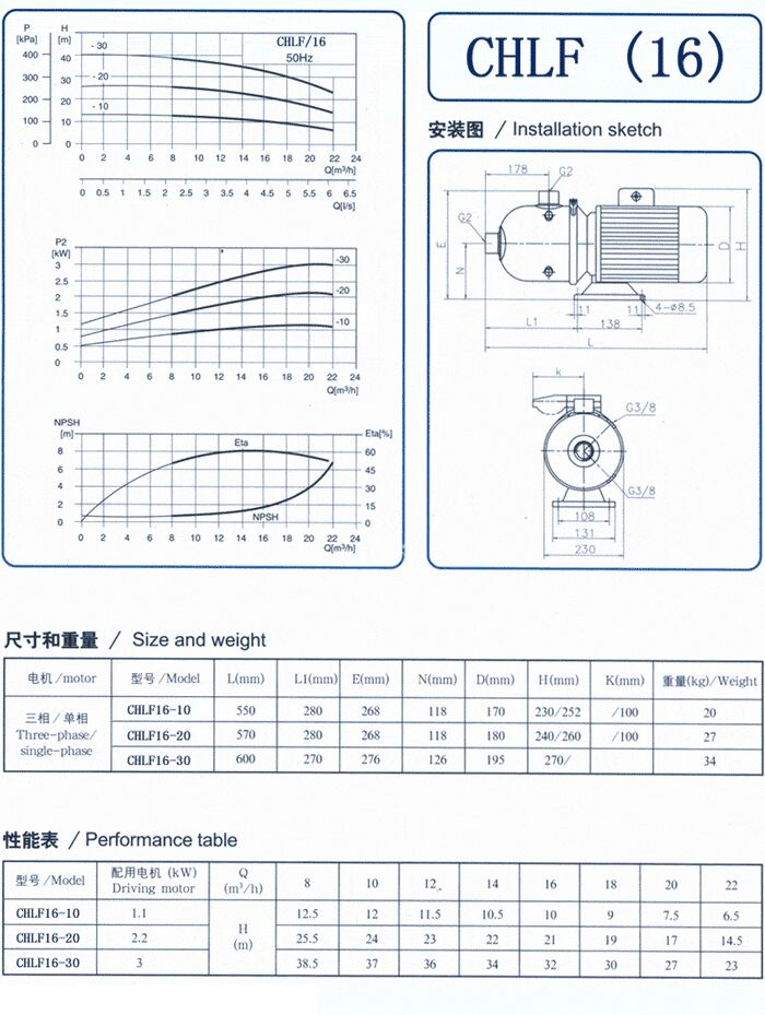 CHLF輕型立式不銹鋼多級(jí)離心泵安裝圖、尺寸、性能